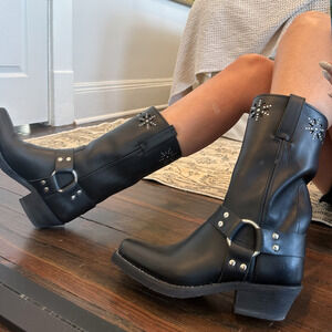 Frye Vintage 80's Black Leather Square Toe Harness Boots Size 9